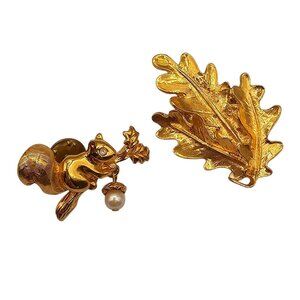 Avon GoldTone Squirrel Oak Leaf Fairy Cabin CottageCore Whimsy Fall Harvest Pins
